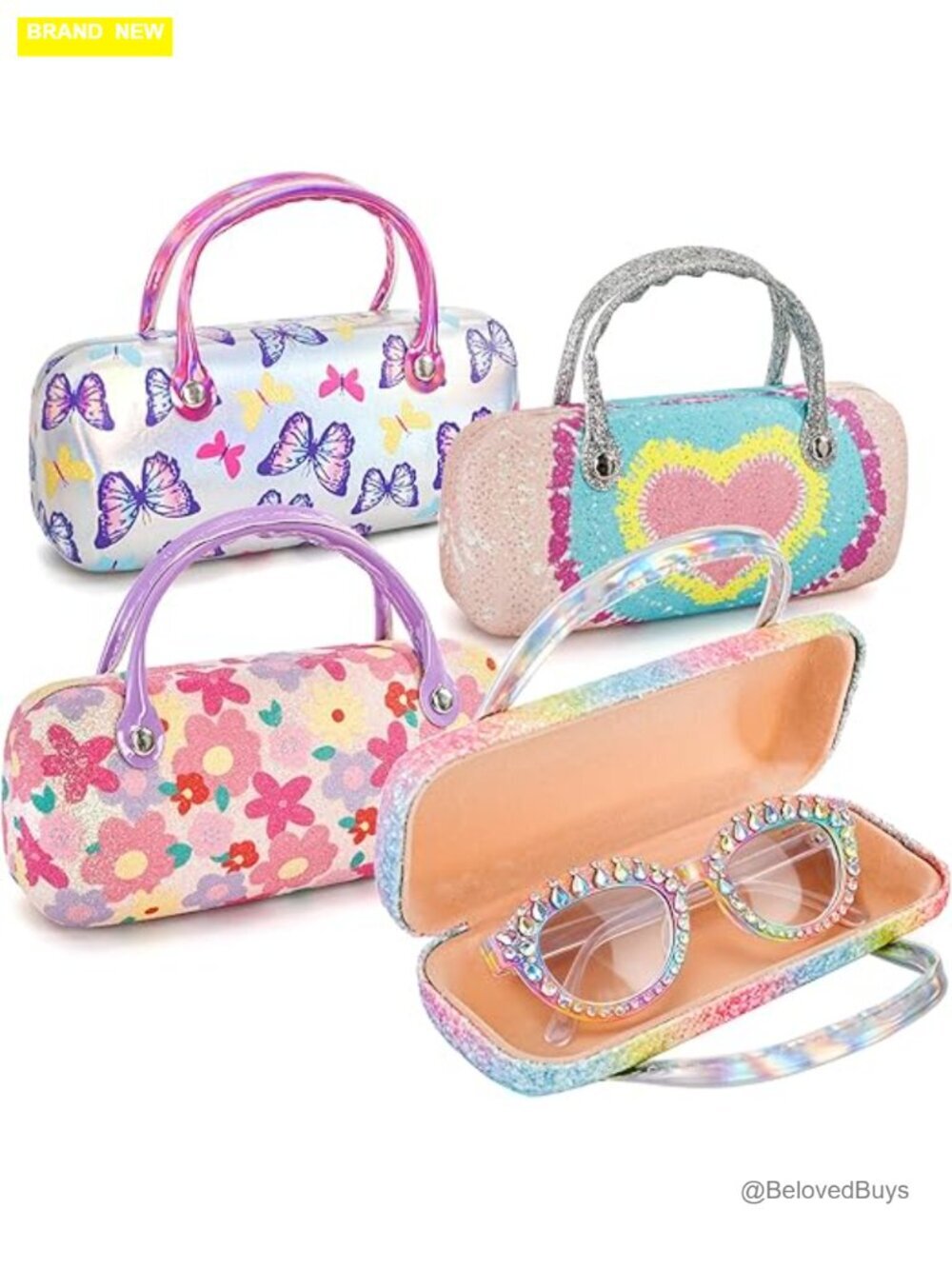 Hard Shell Eyeglasses Case with Handle, PU Leather Glitter Protective Pouch for